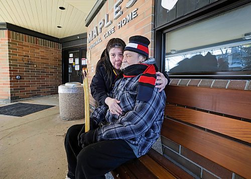 RUTH BONNEVILLE / WINNIPEG FREE PRESS 

LOCAL - Maple PCH

Photo of Dee Dee Andrews and her father Lloyd Bone, outside on the bench at the Maples Care Home before taking her father out for the morning.   

She is upset about the unclean conditions her father has been in and lack of care at the Maples PcH 

Rollason story


Feb 24th,  2023