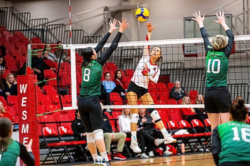 MIKAELA MACKENZIE / WINNIPEG FREE PRESS

U of W Wesmen Selva Planincic (5) tosses the ball over the net as Fraser Valley Cascades Lauren Attieh (8) and Alicia Hardy-Francis (10) block during a Canada west quarterfinal volleyball game at the Duckworth Centre in Winnipeg on Friday, Feb. 24, 2023. For Mike story.

Winnipeg Free Press 2023.