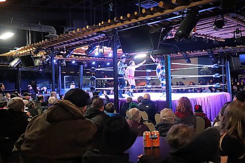 “Sugar” Bob Brennan and “Canadian Crusher” AJ Sanchez square up in the ring during Cloud 9 Wrestling's Saturday evening show in Brandon, which took place The Great Western Roadhouse. (Kyle Darbyson/The Brandon Sun)