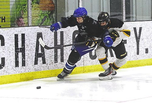 Interlake Lightning defenceman Jack Holmes (2) and Brandon under-17 AAA Wheat Kings forward Quinn Schutte battle for the puck during Brandon's 6-3 win over the Interlake Lightning at J&amp;G Homes Arena on Saturday afternoon. (Perry Bergson/The Brandon Sun)