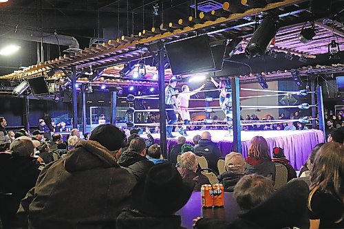 “Sugar” Bob Brennan and “Canadian Crusher” AJ Sanchez square up in the ring during Cloud 9 Wrestling's Saturday evening show in Brandon, which took place The Great Western Roadhouse. (Kyle Darbyson/The Brandon Sun)