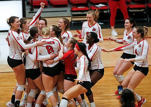 JOHN WOODS / WINNIPEG FREE PRESS
University of Winnipeg Wesmen celebrate a win against the  Fraser Valley Cascades in the third round of the Canada West quarter-final series Sunday, February 26, 2023. 

Re: sawatzky