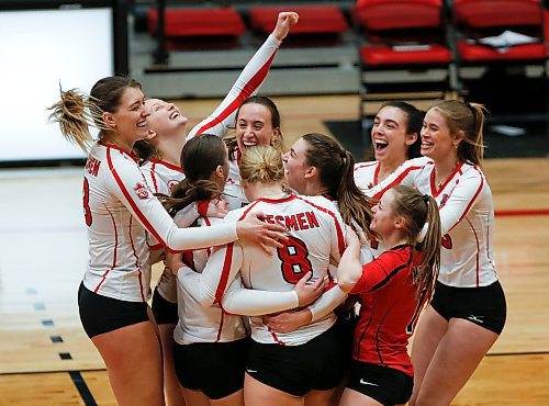 JOHN WOODS / WINNIPEG FREE PRESS
University of Winnipeg Wesmen celebrate a win against the  Fraser Valley Cascades in the third round of the Canada West quarter-final series Sunday, February 26, 2023. 

Re: sawatzky