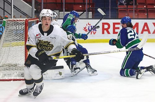 Quinn Mantei pursues the puck during a game against the Swift Current Broncos on Feb. 14. (Perry Bergson/The Brandon Sun)