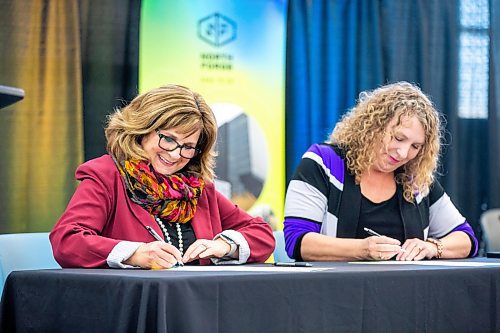MIKAELA MACKENZIE / WINNIPEG FREE PRESS

Beverlie Stuart, interim president and CEO of MITT (left), and Joelle Foster, CEO of North Forge, sign a memorandum of understanding marking the beginning of a collaborative project aiming to empower and encourage young women to get into the world of tech startups in Winnipeg on Tuesday, Feb. 28, 2023. For Marty Cash story.

Winnipeg Free Press 2023.