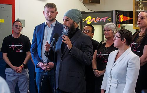 MIKE DEAL / WINNIPEG FREE PRESS
NDP Leader Jagmeet Singh (centre), joined by NDP MPs Daniel Blaikie (Elmwood - Transcona) (left of Jagmeet) and NDP Candidate for Winnipeg South Centre Julia Ridell (right of Jagmeet), meet with health care workers in Winnipeg at the Riverview Community Centre, 90 Ashland Avenue, Tuesday morning. 
See Malak Abas story
230228 - Tuesday, February 28, 2023.