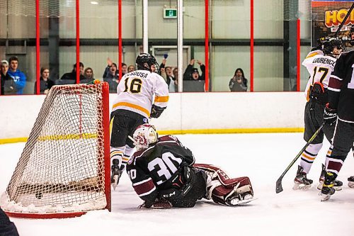 MIKAELA MACKENZIE / WINNIPEG FREE PRESS

St. Paul&#x573; High School goalie Max Olson lets a goal through during a game against Garden City High School at Seven Oaks Complex in Winnipeg on Wednesday, March 1, 2023. For Josh story.

Winnipeg Free Press 2023.