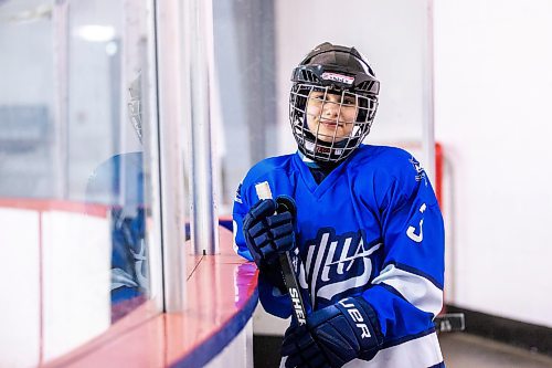 MIKAELA MACKENZIE / WINNIPEG FREE PRESS

Rahaf Abdul Karim, 13, poses for a photo after her hockey game at the Allard Arena in Winnipeg on Wednesday, March 1, 2023. She arrived in Winnipeg as a Syrian refugee together with her parents around five years ago. For AV Kitching story.

Winnipeg Free Press 2023.