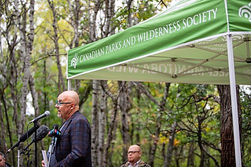 Daniel Crump / Winnipeg Free Press. Ron Thiessen, CPAWS executive director, speaks during an event urging mayoral candidates to pledge to protect Assiniboine Forest as a National Urban Park. Several mayoral and city councillor candidates attended to discuss their support for protecting one of the largest urban natural areas in North America on Saturday. September 24, 2022.