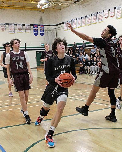 Jeremy Slomiany racked up 47 points in the Neelin Spartans' 89-68 win over the Westwood Warriors in the quarterfinals of their AAA provincial basketball qualifier at Neelin on Friday. (Thomas Friesen/The Brandon Sun)