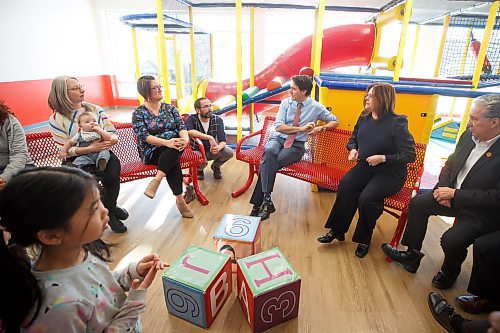 MIKE DEAL / WINNIPEG FREE PRESS
Prime Minister, Justin Trudeau, and the Premier of Manitoba, Heather Stefanson, chat with parents at the YMCA on Fermor prior to making an announcement that Manitoba will achieve an average of $10-a-day regulated child care on April 2, 2023 &#x2013; three years ahead of the national target.
230303 - Friday, March 03, 2023.