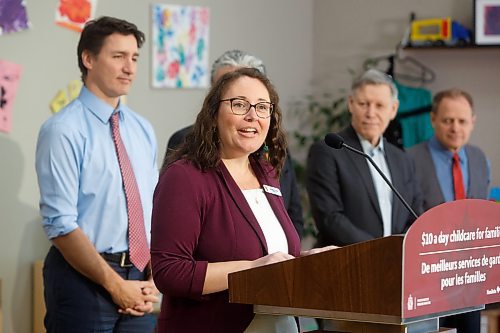 MIKE DEAL / WINNIPEG FREE PRESS
President and CEO of YMCA-YWCA of Winnipeg, Cordella Friesen, speaks during the announcement by Prime Minister, Justin Trudeau, and the Premier of Manitoba, Heather Stefanson, that Manitoba will achieve an average of $10-a-day regulated child care on April 2, 2023 &#x420;three years ahead of the national target.
230303 - Friday, March 03, 2023.