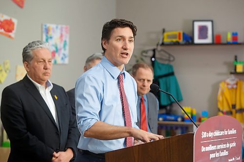 MIKE DEAL / WINNIPEG FREE PRESS
Prime Minister, Justin Trudeau, and the Premier of Manitoba, Heather Stefanson, today announced that Manitoba will achieve an average of $10-a-day regulated child care on April 2, 2023 &#x2013; three years ahead of the national target.
230303 - Friday, March 03, 2023.