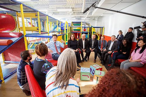 MIKE DEAL / WINNIPEG FREE PRESS
Prime Minister, Justin Trudeau, and the Premier of Manitoba, Heather Stefanson, chat with parents at the YMCA on Fermor prior to making an announcement that Manitoba will achieve an average of $10-a-day regulated child care on April 2, 2023 &#x2013; three years ahead of the national target.
230303 - Friday, March 03, 2023.