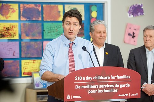 MIKE DEAL / WINNIPEG FREE PRESS
Prime Minister, Justin Trudeau, and the Premier of Manitoba, Heather Stefanson, today announced that Manitoba will achieve an average of $10-a-day regulated child care on April 2, 2023 &#x2013; three years ahead of the national target.
230303 - Friday, March 03, 2023.