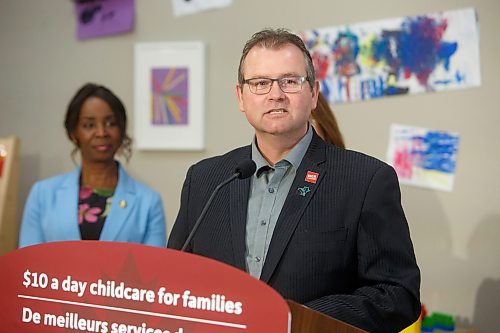 MIKE DEAL / WINNIPEG FREE PRESS
Manitoba Minister of Education and Early Childhood Learning, Wayne Ewasko, speaks during the announcement by Prime Minister, Justin Trudeau, and the Premier of Manitoba, Heather Stefanson, that Manitoba will achieve an average of $10-a-day regulated child care on April 2, 2023 &#x2013; three years ahead of the national target.
230303 - Friday, March 03, 2023.