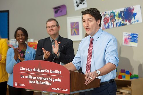 MIKE DEAL / WINNIPEG FREE PRESS
Prime Minister, Justin Trudeau, and the Premier of Manitoba, Heather Stefanson, today announced that Manitoba will achieve an average of $10-a-day regulated child care on April 2, 2023 &#x2013; three years ahead of the national target.
230303 - Friday, March 03, 2023.