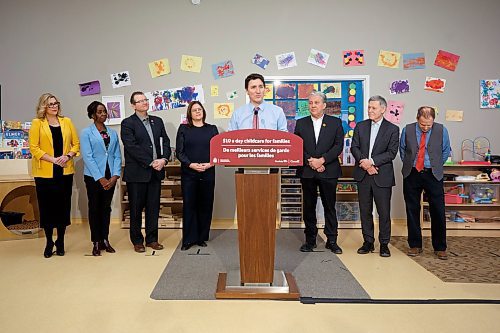 MIKE DEAL / WINNIPEG FREE PRESS
Prime Minister, Justin Trudeau, and the Premier of Manitoba, Heather Stefanson, today announced that Manitoba will achieve an average of $10-a-day regulated child care on April 2, 2023 &#x2013; three years ahead of the national target.
230303 - Friday, March 03, 2023.