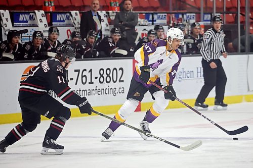 03032023
Kayden Sadhra-Kang #47 of the Brandon Wheat Kings plays the puck during WHL action against the Red Deer Rebels at Westoba Place on Friday evening. 
(Tim Smith/The Brandon Sun)