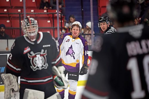 03032023
Calder Anderson #14 of the Brandon Wheat Kings exchanges heated words with Jace Isley #18 of the Red Deer Rebels during WHL action at Westoba Place on Friday evening. 
(Tim Smith/The Brandon Sun)