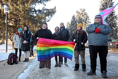 Brandon residents gather at a solidarity rally to protest legislation in the United States that aims to ban drag, gender-affirming care and gender studies programs. The demonstration was held on the Brandon University campus late Monday afternoon and featured multiple speakers. (Tim Smith/The Brandon Sun)