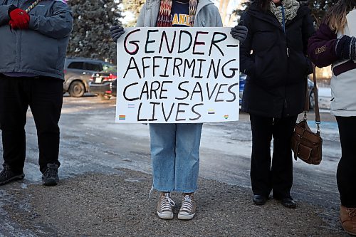 Brandon residents gather at a solidarity rally to protest legislation in the United States that aims to ban drag, gender-affirming care and gender studies programs. The demonstration was held on the Brandon University campus late Monday afternoon and featured multiple speakers. (Tim Smith/The Brandon Sun)