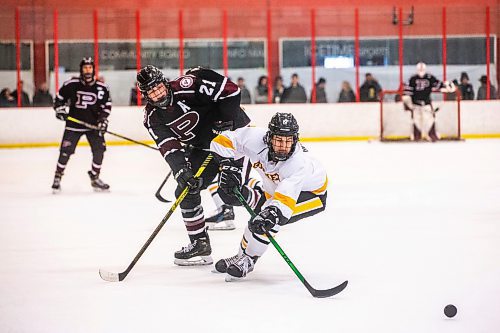 MIKAELA MACKENZIE / WINNIPEG FREE PRESS

St. Paul&#x2019;s High School player Jack Derrett (21) and Garden City High School player Teagan Heuchert (2) race for the puck during a game at Seven Oaks Complex in Winnipeg on Wednesday, March 1, 2023. For Josh story.

Winnipeg Free Press 2023.