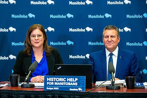 MIKAELA MACKENZIE / WINNIPEG FREE PRESS

Premier Heather Stefanson and finance minister Cliff Cullen announce the budget to media at the Manitoba Legislative Building in Winnipeg on Tuesday, March 7, 2023. For &#x2014; story.

Winnipeg Free Press 2023.