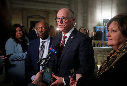 JOHN WOODS / WINNIPEG FREE PRESS
Councillors Markus Chambers and Janice Lukes listen in as Winnipeg Mayor Scott Gillingham comments on the Manitoba Budget released today Monday, March 7, 2023 at the Manitoba Legislature. 

Re: ?