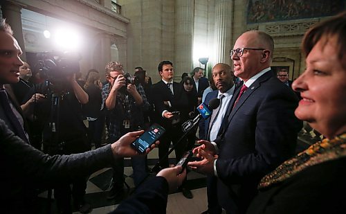 JOHN WOODS / WINNIPEG FREE PRESS
Councillors Markus Chambers and Janice Lukes listen in as Winnipeg Mayor Scott Gillingham comments on the Manitoba Budget released today Monday, March 7, 2023 at the Manitoba Legislature. 

Re: ?