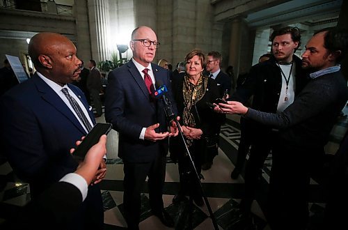 JOHN WOODS / WINNIPEG FREE PRESS
Councillors Markus Chambers and Janice Lukes listen in as Winnipeg Mayor Scott Gillingham comments on the Manitoba Budget released today Monday, March 7, 2023 at the Manitoba Legislature. 

Re: ?