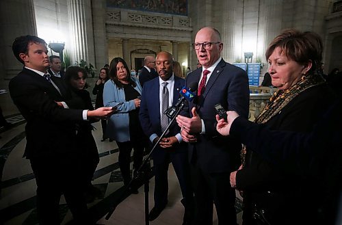 JOHN WOODS / WINNIPEG FREE PRESS
Councillors Markus Chambers and Janice Lukes listen in as Winnipeg Mayor Scott Gillingham comments on the Manitoba Budget released today Monday, March 7, 2023 at the Manitoba Legislature. 

Re: ?