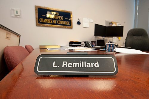 Mike Sudoma/Winnipeg Free Press
Llorne Remillards desk with an antique brass Winnipeg Chamber of Commerce sign hung ion the background
March 7, 2023 