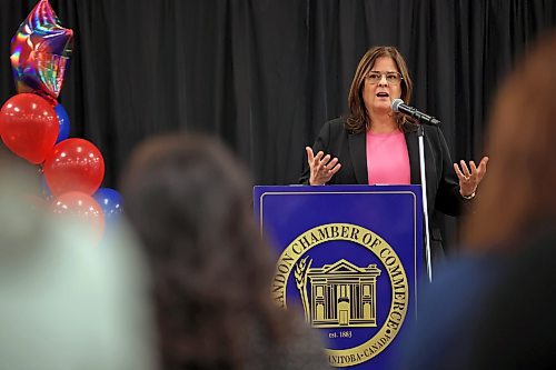 Manitoba Premier Heather Stefanson speaks to the crowd at the Brandon Chamber of Commerce Superwoman Conference 4.0 conference at the Keystone Centre on Wednesday. (Tim Smith/The Brandon Sun)