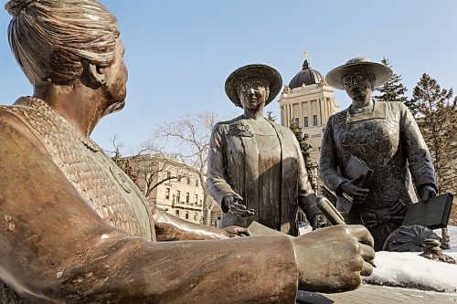 RUTH BONNEVILLE / WINNIPEG FREE PRESS 

Local - Statues of the Famous Five

Photo of  the Famous 5 Monument on the grounds of the Manitoba Legislative Building in honour of their past achievements on International Women&#x2019;s Day.

Info:
The Nellie McClung Foundation was created in order to acknowledge and raise awareness of the contributions of Nellie McClung and her famous friends. These were important Canadians who assisted in advancing the cause of women in this province and country, and who created opportunities for all citizens for generations to come.

The &#x2018;Famous Five, Right to Left
1. Nellie McClung   2. Louise McKinney   3. Irene Parlby 4. Emily Murphy     5. Henrietta Muir Edwards


March 8th,,  2023