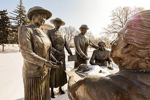 RUTH BONNEVILLE / WINNIPEG FREE PRESS 

Local - Statues of the Famous Five

Photo of  the Famous 5 Monument on the grounds of the Manitoba Legislative Building in honour of their past achievements on International Women&#x573; Day.

Info:
The Nellie McClung Foundation was created in order to acknowledge and raise awareness of the contributions of Nellie McClung and her famous friends. These were important Canadians who assisted in advancing the cause of women in this province and country, and who created opportunities for all citizens for generations to come.

The &#x506;amous Five, Right to Left
1. Nellie McClung   2. Louise McKinney   3. Irene Parlby 4. Emily Murphy     5. Henrietta Muir Edwards


March 8th,,  2023