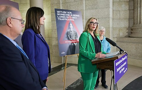 RUTH BONNEVILLE / WINNIPEG FREE PRESS 

Local - International Women&#x2019;s Day funding to combat human trafficking.

Justice Minister Kelvin Goertzen along with  Families Minister Rochelle Squires, announce new funding to combat Human trafficking  through the Joy Smith Foundation on International Women&#x2019;s Day at the Legislative Building Wednesday. 


Names:
Justice Minister Kelvin Goertzen, Families Minister Rochelle Squires,  Janet Campbell (purple), president and CEO, Joy Smith Foundation and  Joy Smith, founder, Joy Smith Foundation (light blue).


Rotunda, Legislative Building, Winnipeg


March 8th,,  2023