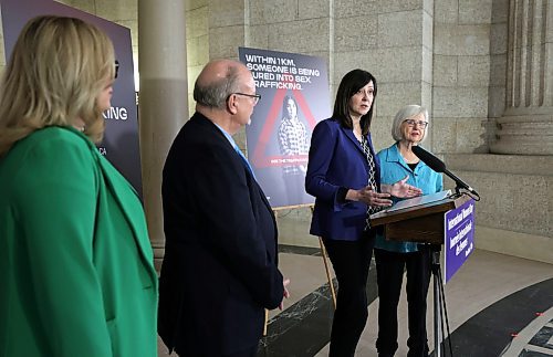 RUTH BONNEVILLE / WINNIPEG FREE PRESS 

Local - International Women&#x573; Day funding to combat human trafficking.

Justice Minister Kelvin Goertzen along with  Families Minister Rochelle Squires, announce new funding to combat Human trafficking  through the Joy Smith Foundation on International Women&#x573; Day at the Legislative Building Wednesday. 


Names:
Justice Minister Kelvin Goertzen, Families Minister Rochelle Squires,  Janet Campbell (purple), president and CEO, Joy Smith Foundation and  Joy Smith, founder, Joy Smith Foundation (light blue).


Rotunda, Legislative Building, Winnipeg


March 8th,,  2023
