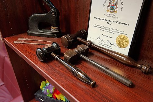 Mike Sudoma/Winnipeg Free Press
A framed certificate marking the Winnipeg Chamber&#x2019;s 150th anniversary along with gavels from past Presidents sit on a shelf in current president Llorne Remillards office Wednesday
March 7, 2023 