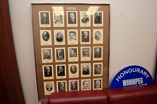 Mike Sudoma/Winnipeg Free Press
A framed collage of the original Winnipeg Chamber of Commerce presidents in current president Llorne Remillards office Wednesday
March 7, 2023 