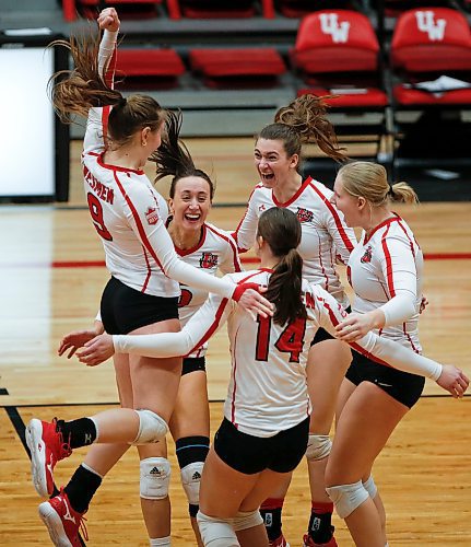 JOHN WOODS / WINNIPEG FREE PRESS
University of Winnipeg Wesmen celebrate a win against the  Fraser Valley Cascades in the third round of the Canada West quarter-final series Sunday, February 26, 2023. 

Re: sawatzky