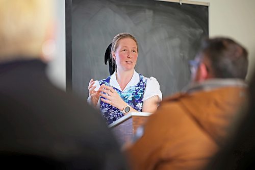 Brandon University student Elaine Hofer of Green Acres Hutterite Colony gives a presentation at BU about Green Aces’ sponsorship of a Syrian refugee family in 2016. (Tim Smith/Tim Smith/The Brandon Sun)
