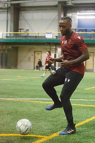 MIKE DEAL / WINNIPEG FREE PRESS
Valour FC captain, Andrew Jean-baptiste (35) during practice at the Winnipeg Soccer Federation South Indoor Complex, Thursday morning.
See Josh story
230309 - Thursday, March 09, 2023.