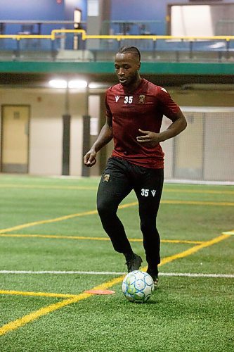 MIKE DEAL / WINNIPEG FREE PRESS
Valour FC captain, Andrew Jean-baptiste (35) during practice at the Winnipeg Soccer Federation South Indoor Complex, Thursday morning.
See Josh story
230309 - Thursday, March 09, 2023.