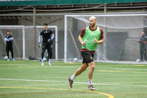 MIKE DEAL / WINNIPEG FREE PRESS
Valour FC Jordan Haynes (3) during practice at the Winnipeg Soccer Federation South Indoor Complex, Thursday morning.
See Josh story
230309 - Thursday, March 09, 2023.