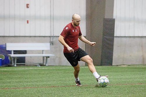 MIKE DEAL / WINNIPEG FREE PRESS
Valour FC Jordan Haynes (3) during practice at the Winnipeg Soccer Federation South Indoor Complex, Thursday morning.
See Josh story
230309 - Thursday, March 09, 2023.