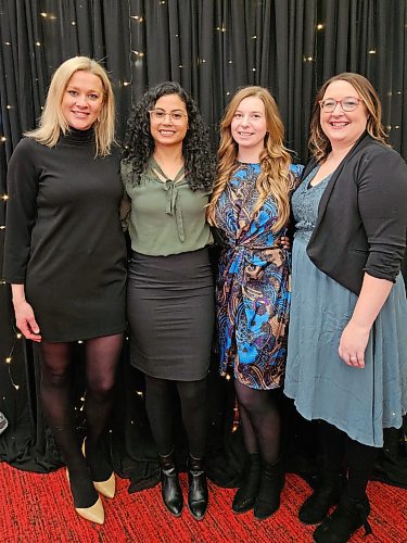 (Left to right) Marisa Philippe, Izabel Santos, Amber Fidierchuk, and Megan Nimegeers, at the 2023 Women of Distinction Awards ceremony at the Western Manitoba Centennial Auditorium on Thursday evening. (Mariah Phillips, for The Brandon Sun)