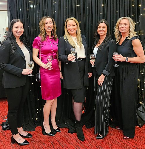 (Left to right) Brandy Lavich, Emily Burt, Caroline Cancade, Miranda Hickman, and Tracy Baker, at the 2023 Women of Distinction Awards ceremony on Thursday evening, at the Western Manitoba Centennial Auditorium. (Mariah Phillips, for The Brandon Sun)