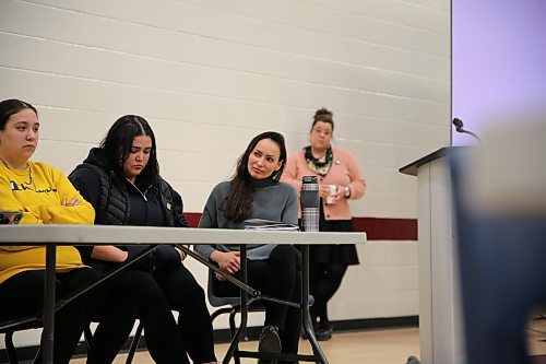 Panel discussion at the Manitoba Sexual Exploitation & Trafficking Awareness Conference at Assiniboine Community College on Friday. From left, Ashley Moody and Jade Gamblin from Brandon Bear Clan, Cst. Shanna Bird with Brandon Police Service, with conference co-chair Shannon Saltarelli in the background. (Michele McDougall/The Brandon Sun)