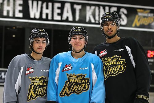 The three newest Brandon Wheat Kings, Dawson Pasternak, Nolan Flamand and Kayden Sadhra-Kang, pose for a picture at practice on Jan. 12. (Perry Bergson/The Brandon Sun)